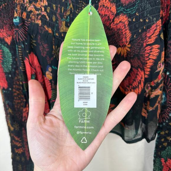 FARM Rio NWT Black River Creatures Smocked Floral Chiffon Sheer Blouse XS - Picture 9 of 10